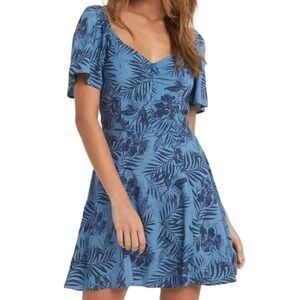 Roxy Dress Women's XL Blue Hawaiian Floral Short Sleeve Sun Dress Beach Flowy
